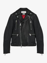 黑色男士McQueen 经典皮革机车夹克黑色