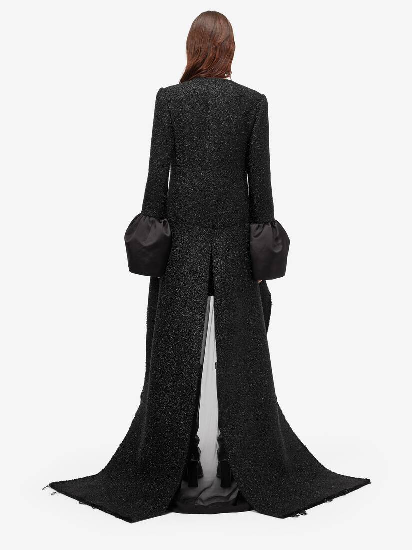 McQueen女士黑色金属感粗花呢前短后长大衣