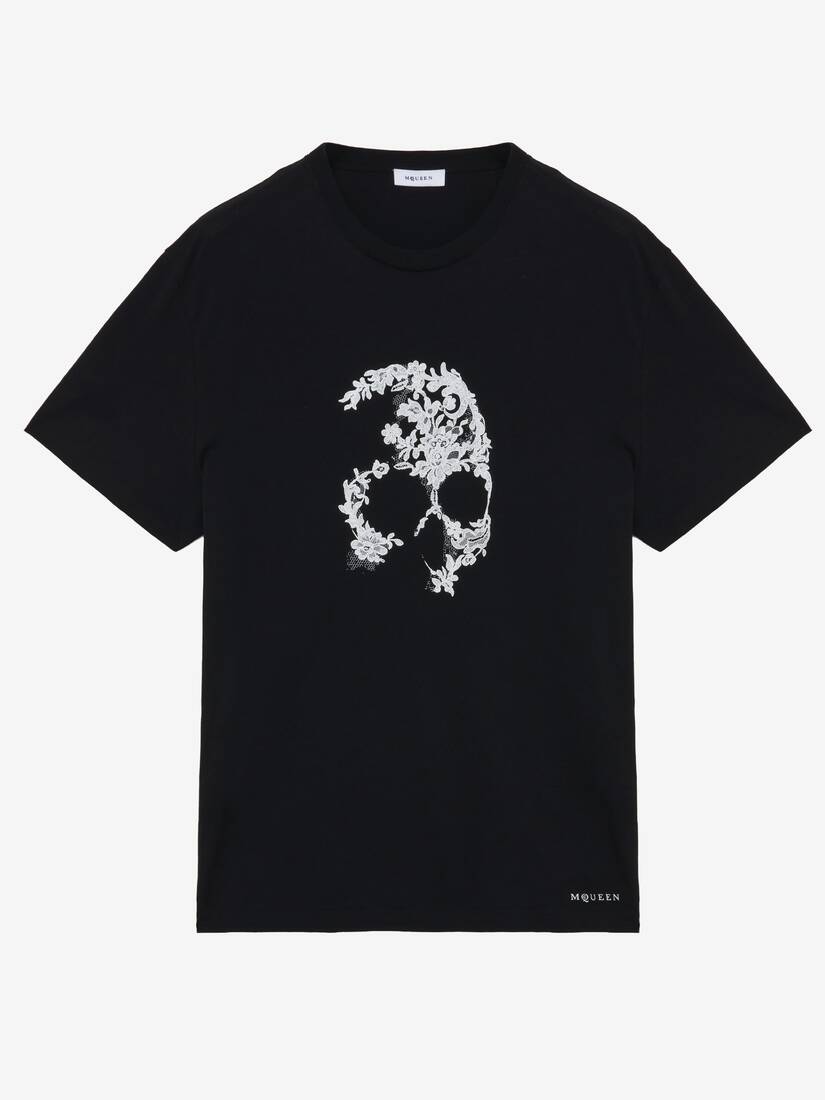 McQueen男士黑色蕾丝Skull T恤
