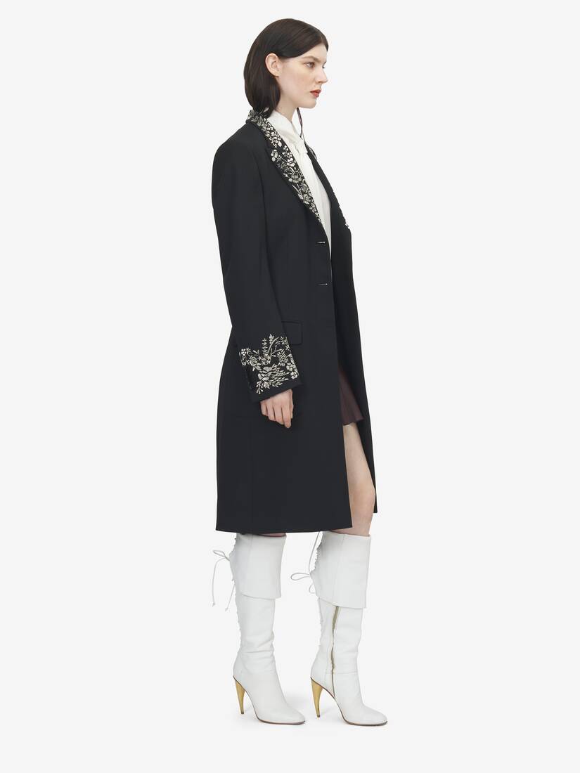 McQueen女士黑色花卉刺绣大衣